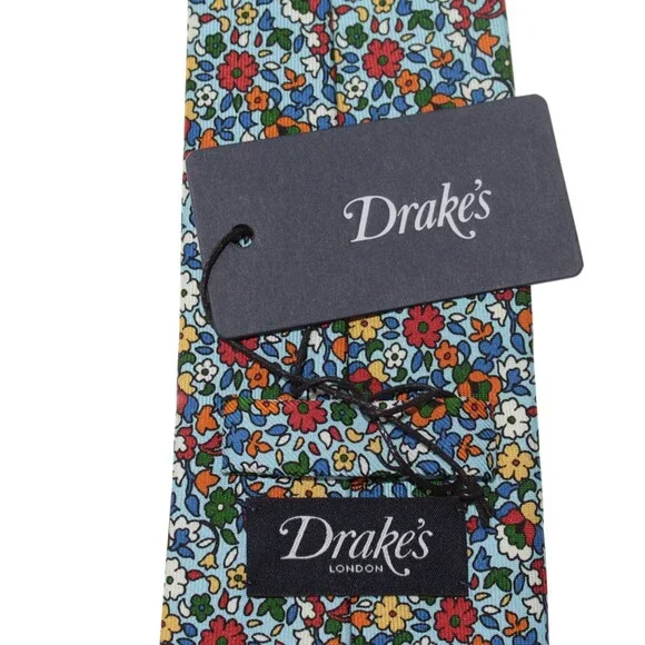 Drake's NWT Neck Tie in Blue / Multicolor Mini Floral Print 100% Silk